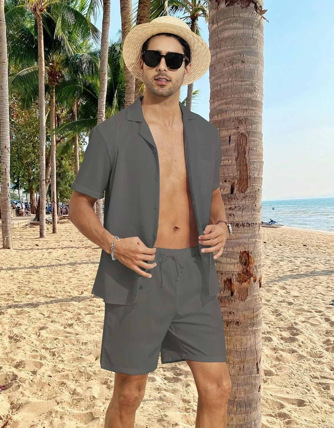 YTD Men's 2 Pieces Shirt Set Short Sleeve Button Down Casual Hippie Holiday Beach T-Shirts Shorts Outfits