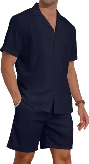 YTD Men's 2 Pieces Shirt Set Short Sleeve Button Down Casual Hippie Holiday Beach T-Shirts Shorts Outfits