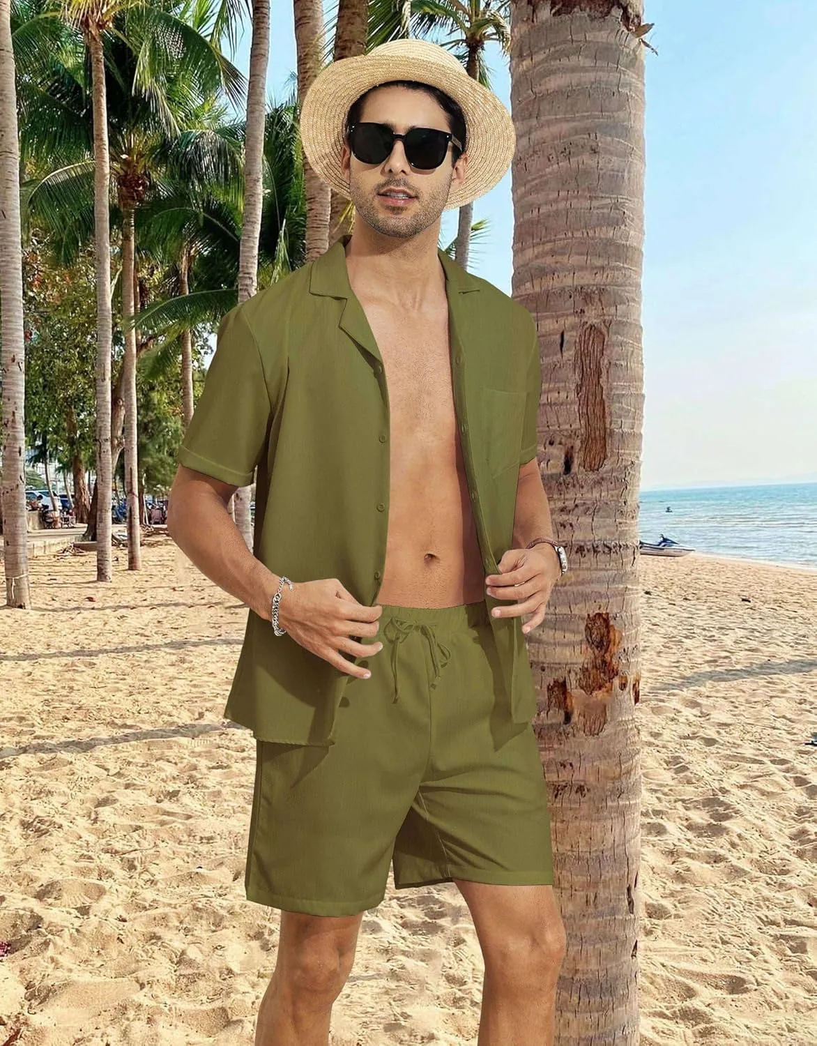 YTD Men's 2 Pieces Shirt Set Short Sleeve Button Down Casual Hippie Holiday Beach T-Shirts Shorts Outfits