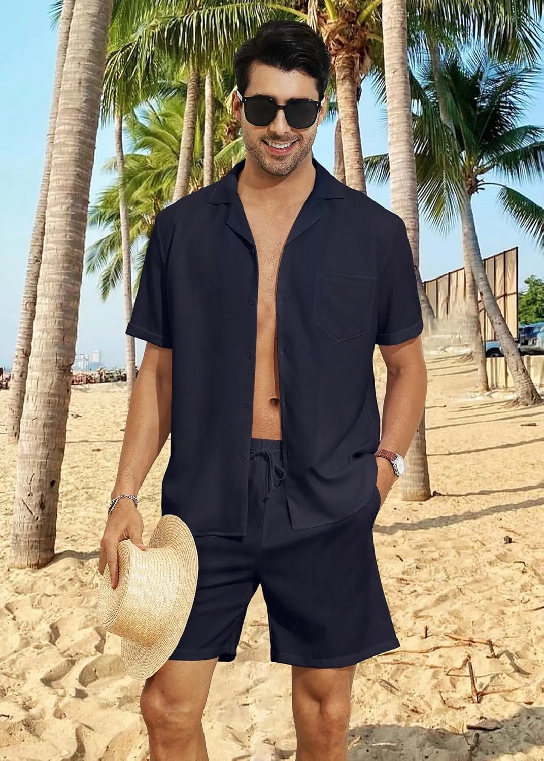 YTD Men's 2 Pieces Shirt Set Short Sleeve Button Down Casual Hippie Holiday Beach T-Shirts Shorts Outfits