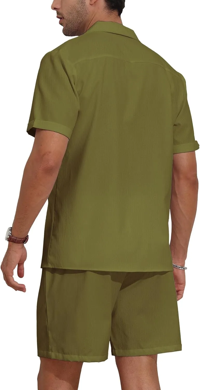 YTD Men's 2 Pieces Shirt Set Short Sleeve Button Down Casual Hippie Holiday Beach T-Shirts Shorts Outfits