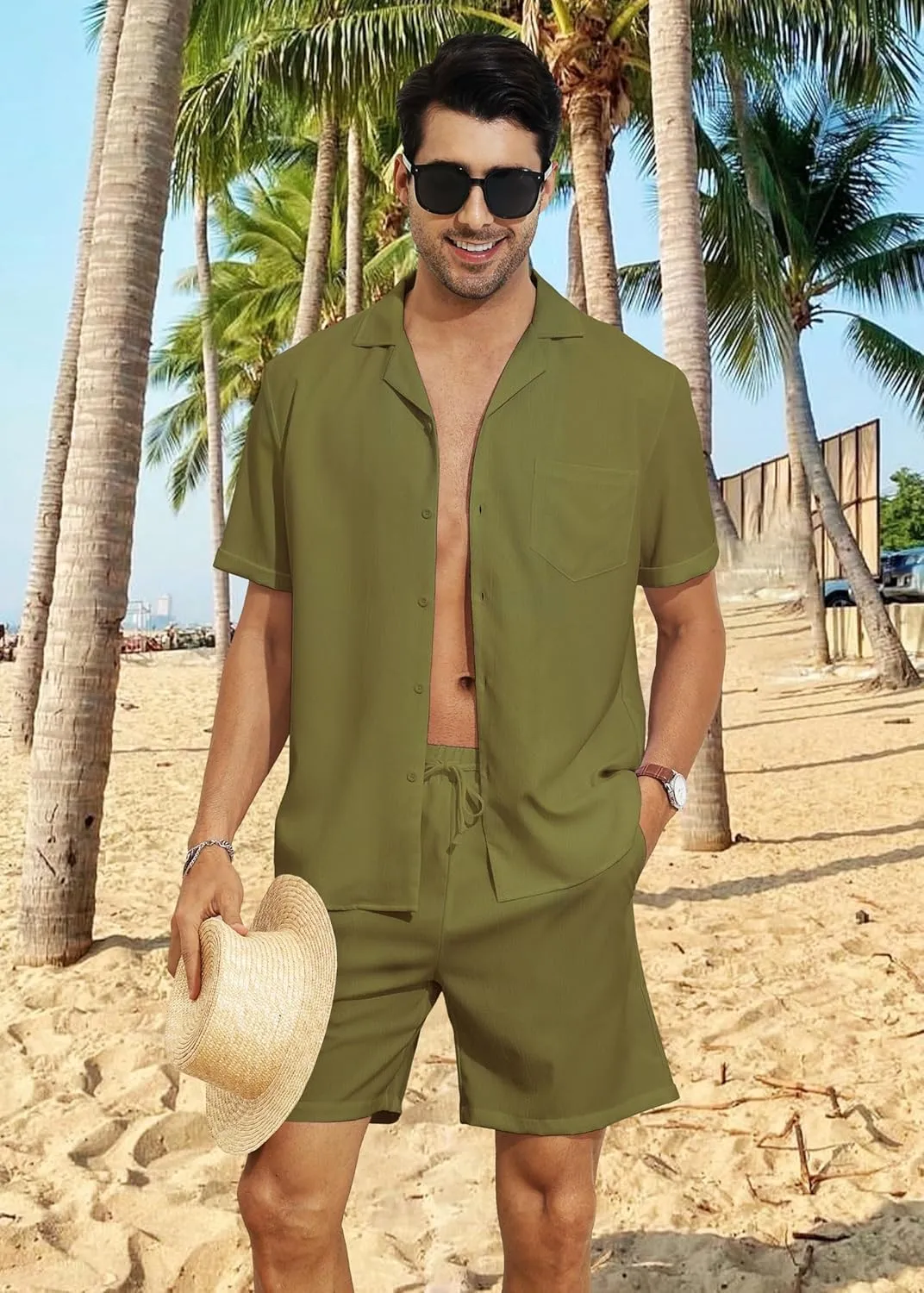 YTD Men's 2 Pieces Shirt Set Short Sleeve Button Down Casual Hippie Holiday Beach T-Shirts Shorts Outfits