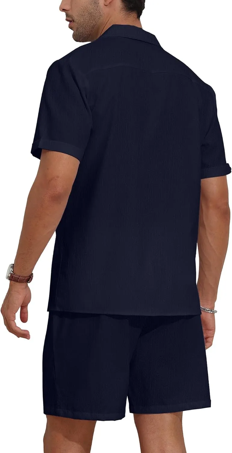 YTD Men's 2 Pieces Shirt Set Short Sleeve Button Down Casual Hippie Holiday Beach T-Shirts Shorts Outfits