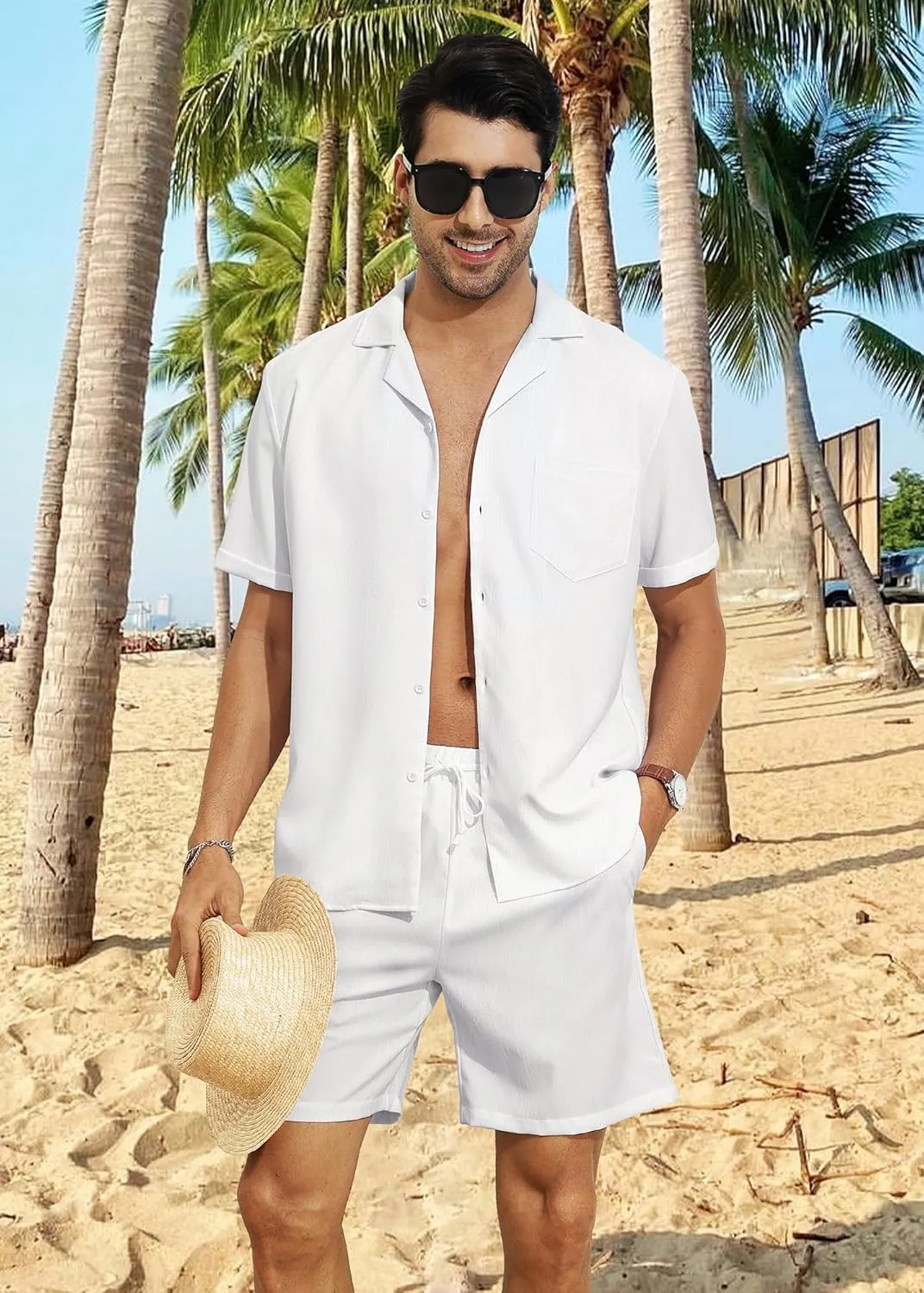 YTD Men's 2 Pieces Shirt Set Short Sleeve Button Down Casual Hippie Holiday Beach T-Shirts Shorts Outfits
