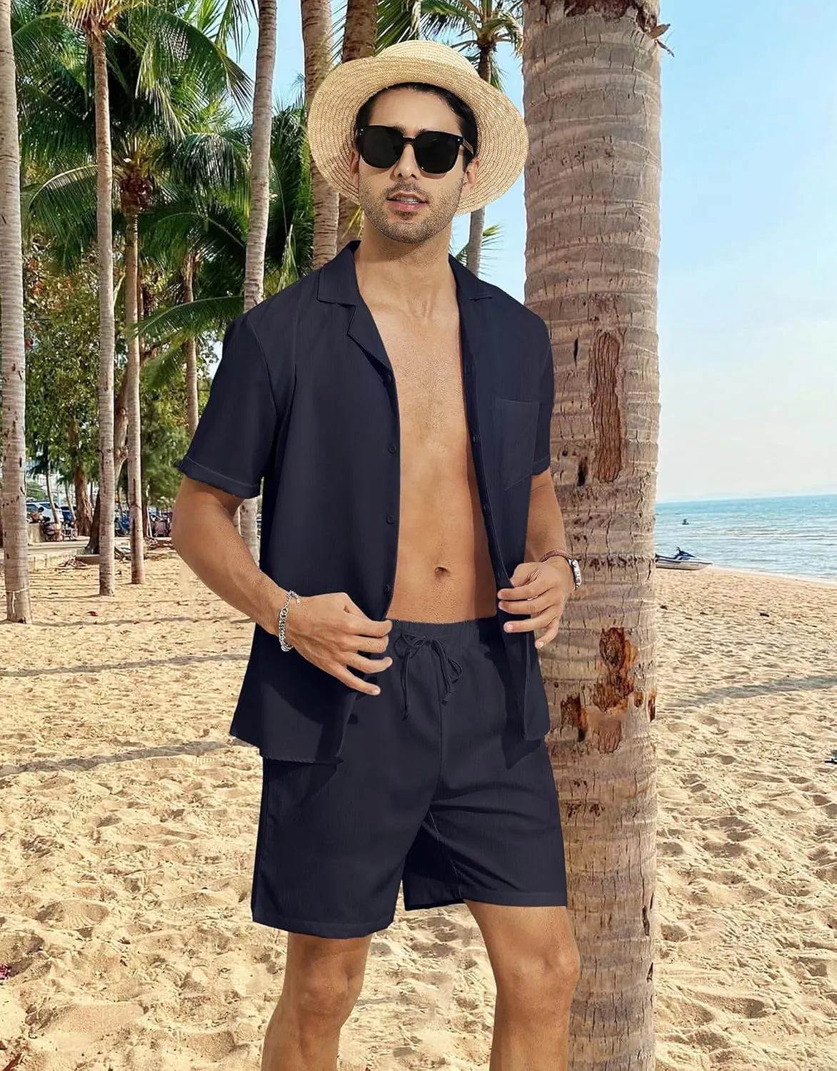 YTD Men's 2 Pieces Shirt Set Short Sleeve Button Down Casual Hippie Holiday Beach T-Shirts Shorts Outfits