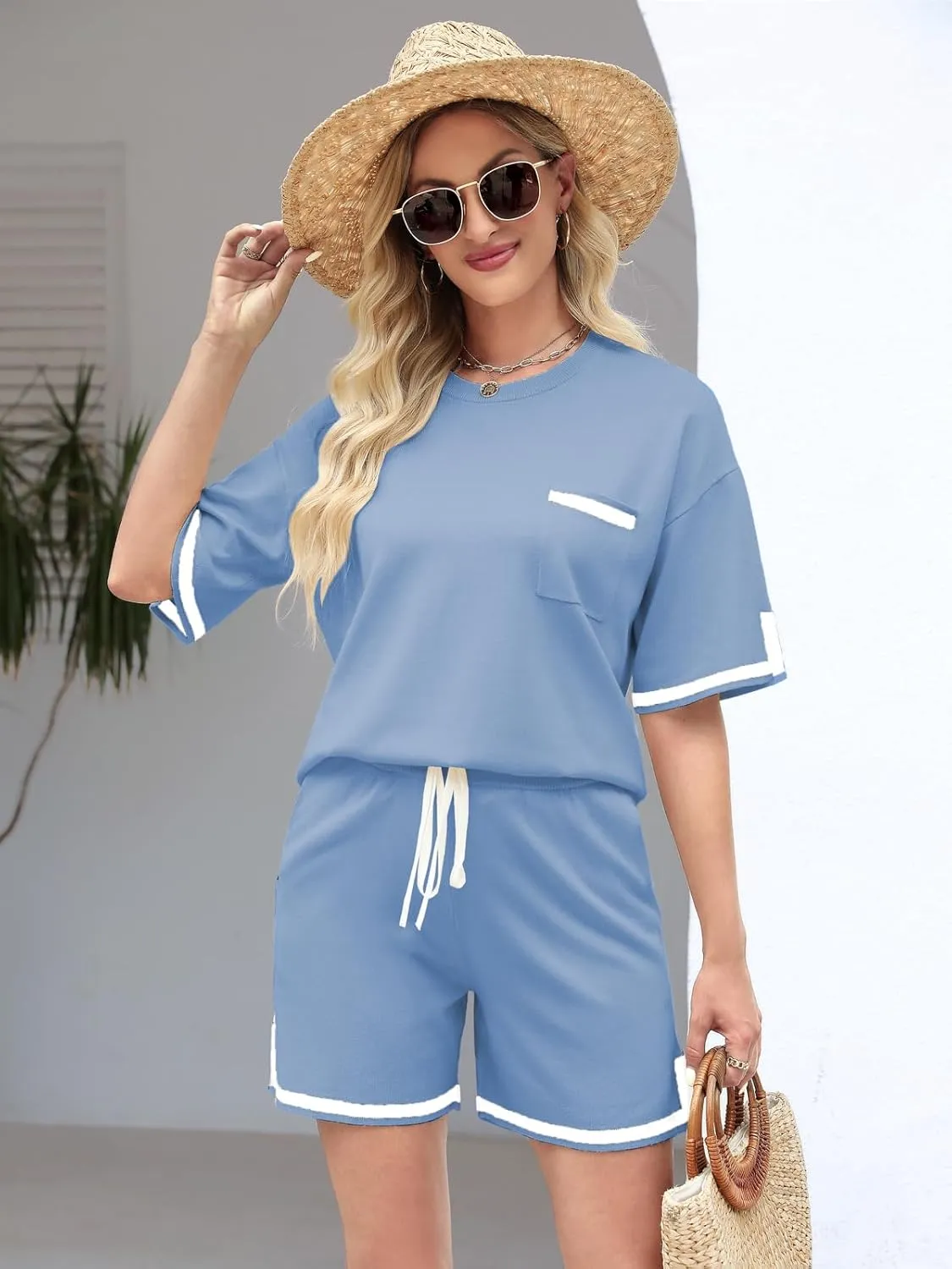 ZANZEA Lounge Sets for Women Shorts Pajama Set Short Sleeve Top and Shorts 2 Piece Outfits with Pockets