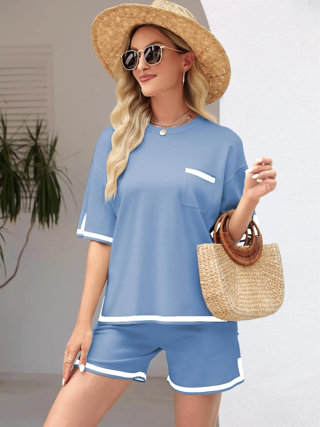 ZANZEA Lounge Sets for Women Shorts Pajama Set Short Sleeve Top and Shorts 2 Piece Outfits with Pockets