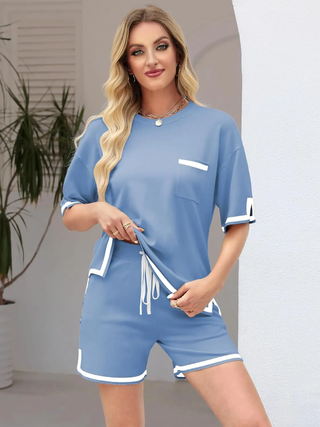 ZANZEA Lounge Sets for Women Shorts Pajama Set Short Sleeve Top and Shorts 2 Piece Outfits with Pockets