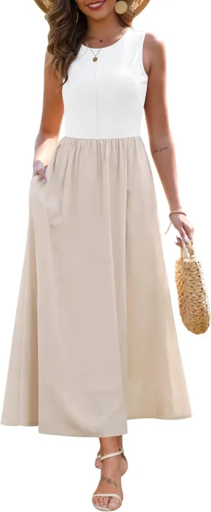 Zattcas Women's Summer Casual Sleeveless Patchwork Knit Crew Neck Tank Top Flowy Long Maxi Dresses with Pockets