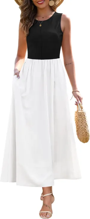 Zattcas Women's Summer Casual Sleeveless Patchwork Knit Crew Neck Tank Top Flowy Long Maxi Dresses with Pockets
