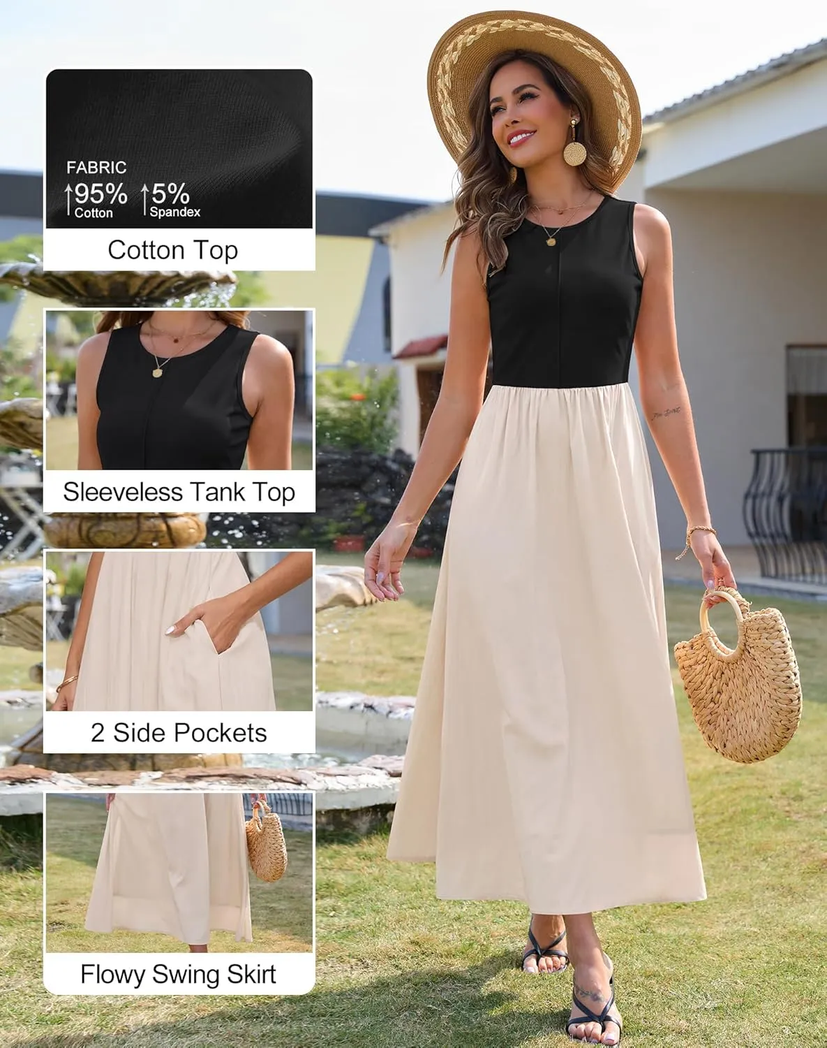 Zattcas Women's Summer Casual Sleeveless Patchwork Knit Crew Neck Tank Top Flowy Long Maxi Dresses with Pockets