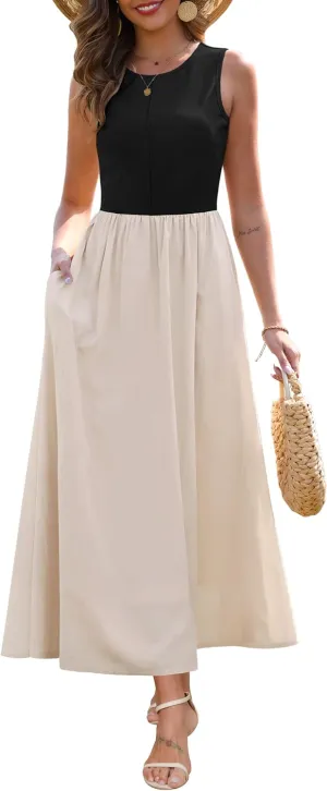 Zattcas Women's Summer Casual Sleeveless Patchwork Knit Crew Neck Tank Top Flowy Long Maxi Dresses with Pockets