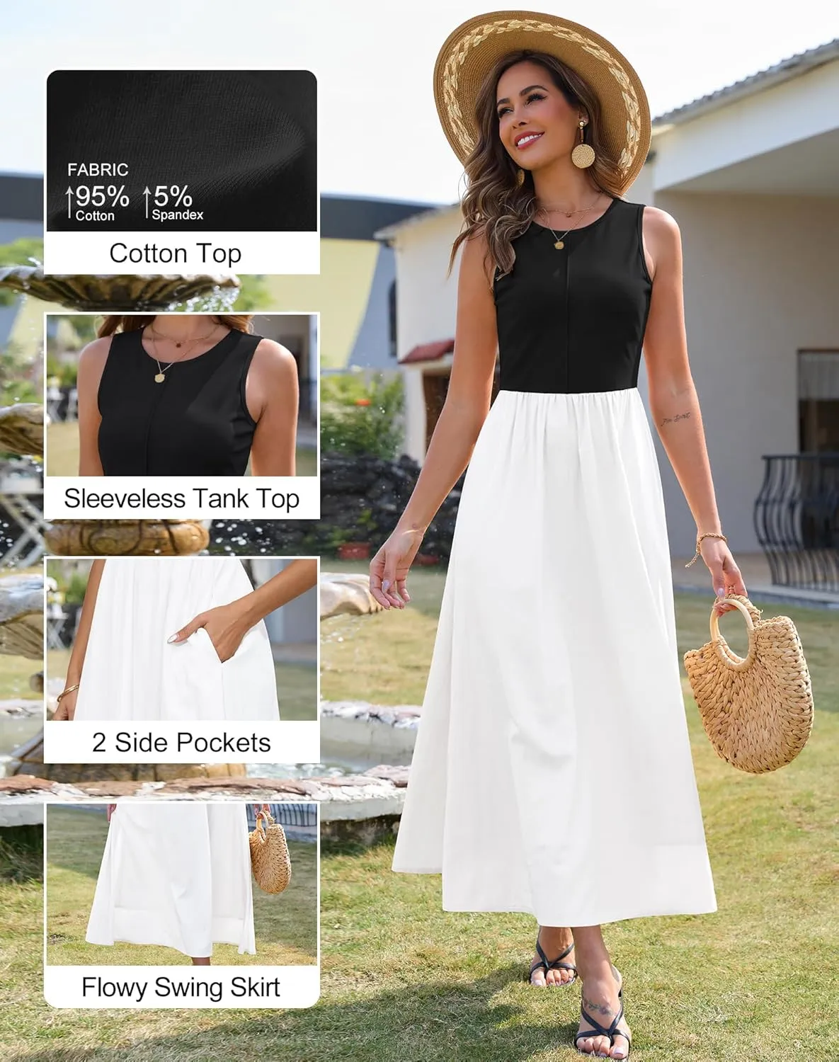 Zattcas Women's Summer Casual Sleeveless Patchwork Knit Crew Neck Tank Top Flowy Long Maxi Dresses with Pockets