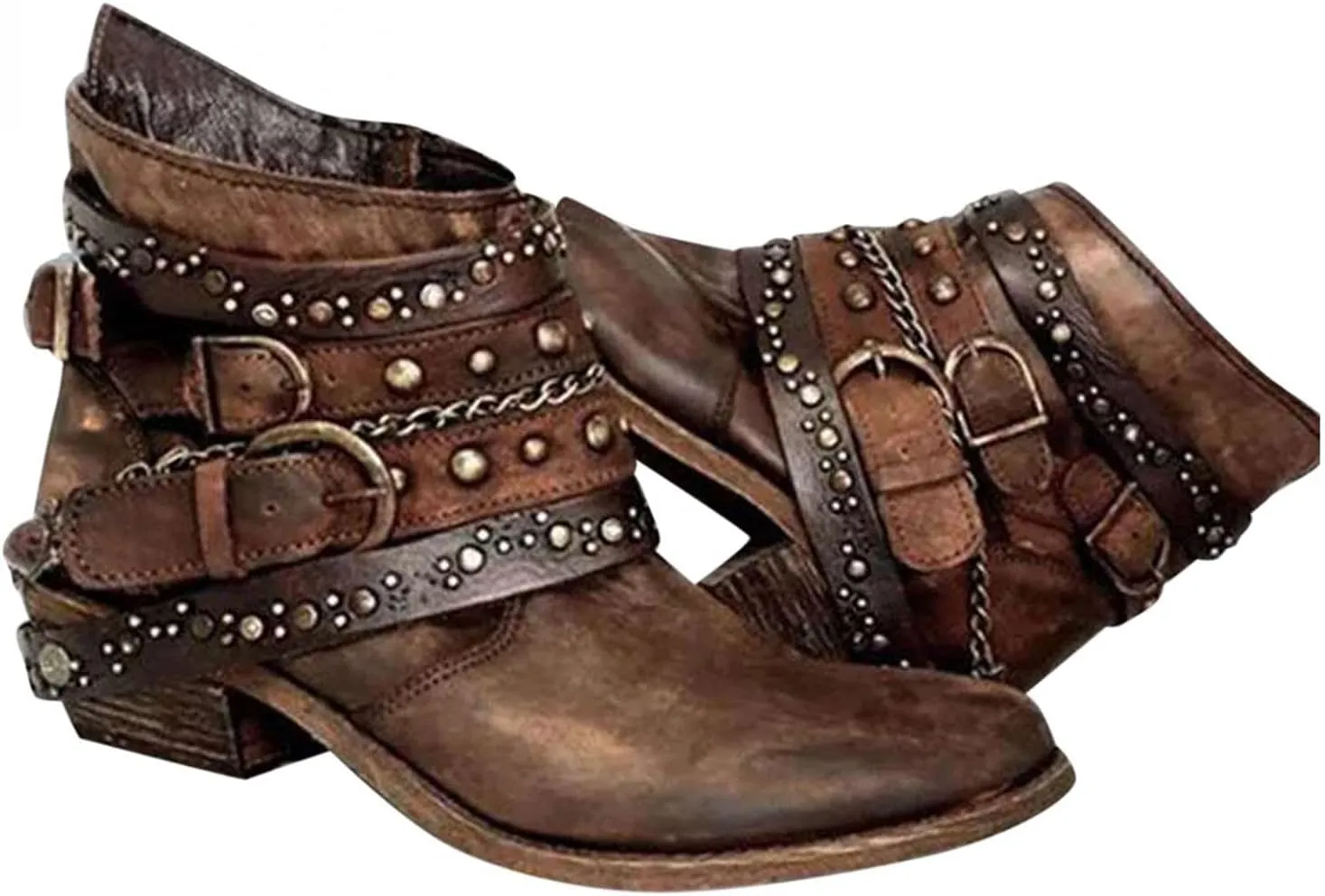 ZBYY Women's Ankle Boots Chunky Stacked Low Heeled Booties for Women Pointed Toe Retro Buckled Studded Combat Booties