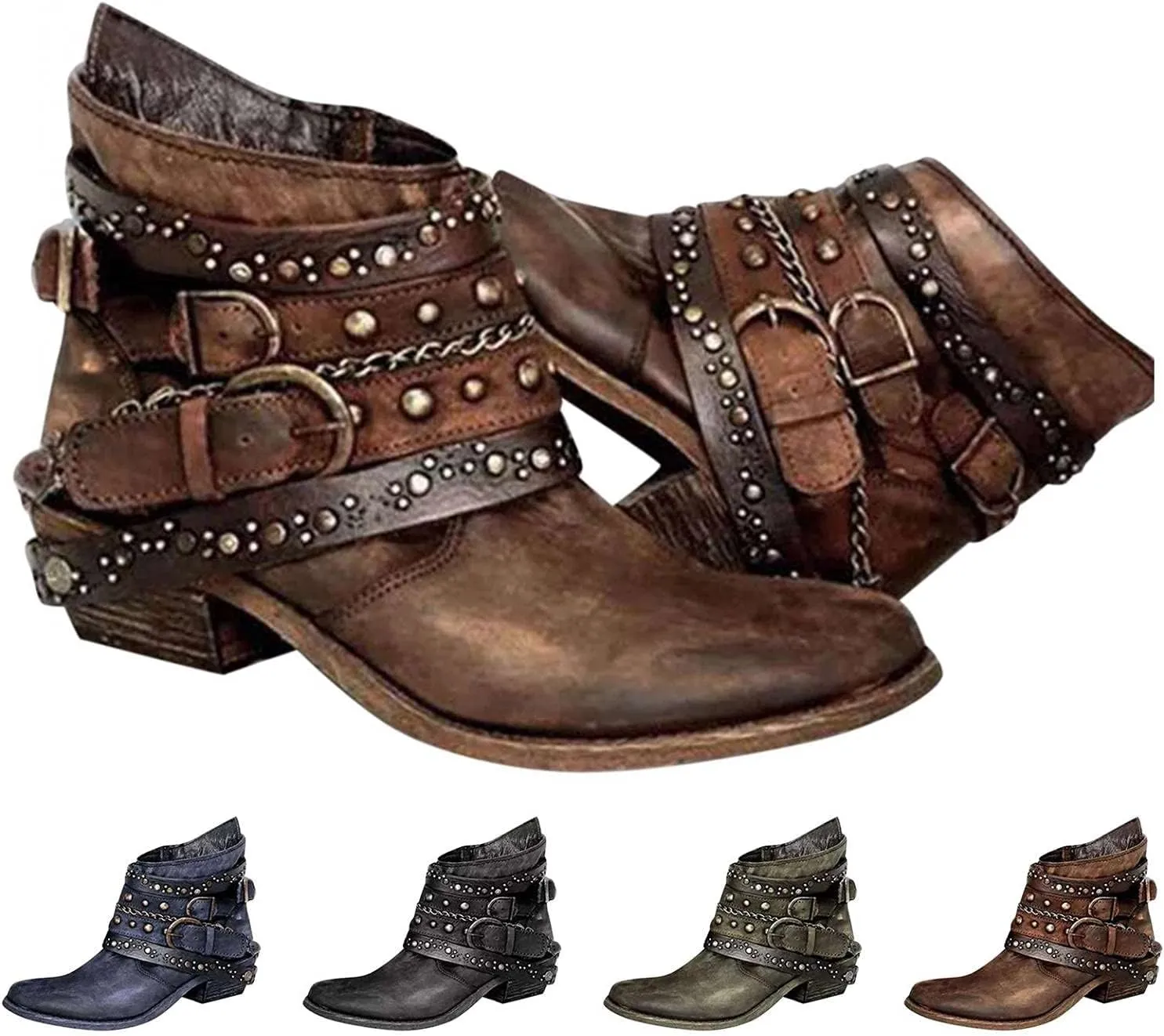 ZBYY Women's Ankle Boots Chunky Stacked Low Heeled Booties for Women Pointed Toe Retro Buckled Studded Combat Booties