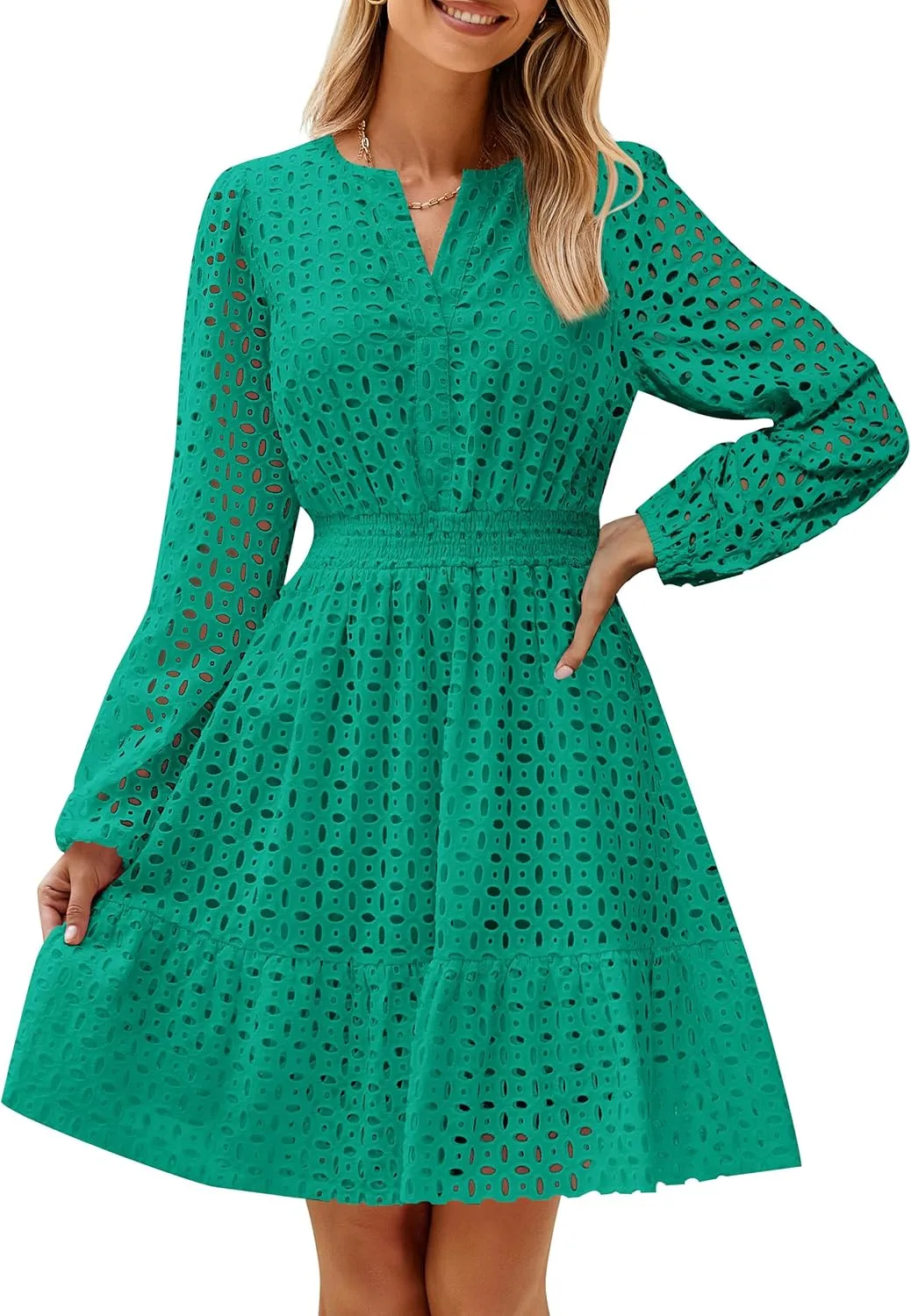 ZESICA Women's 2025 Long Sleeve Mini Dress Spring V Neck Hollow Out Eyelet Embroidery Ruffle A Line Swing Short Dresses