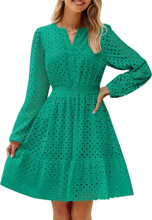 ZESICA Women's 2025 Long Sleeve Mini Dress Spring V Neck Hollow Out Eyelet Embroidery Ruffle A Line Swing Short Dresses