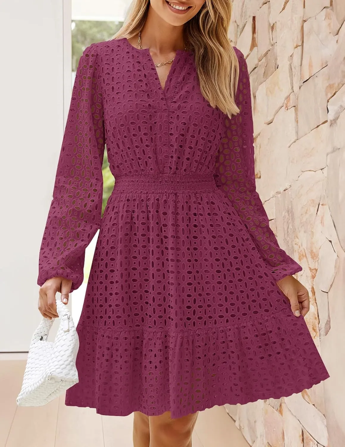 ZESICA Women's 2025 Long Sleeve Mini Dress Spring V Neck Hollow Out Eyelet Embroidery Ruffle A Line Swing Short Dresses