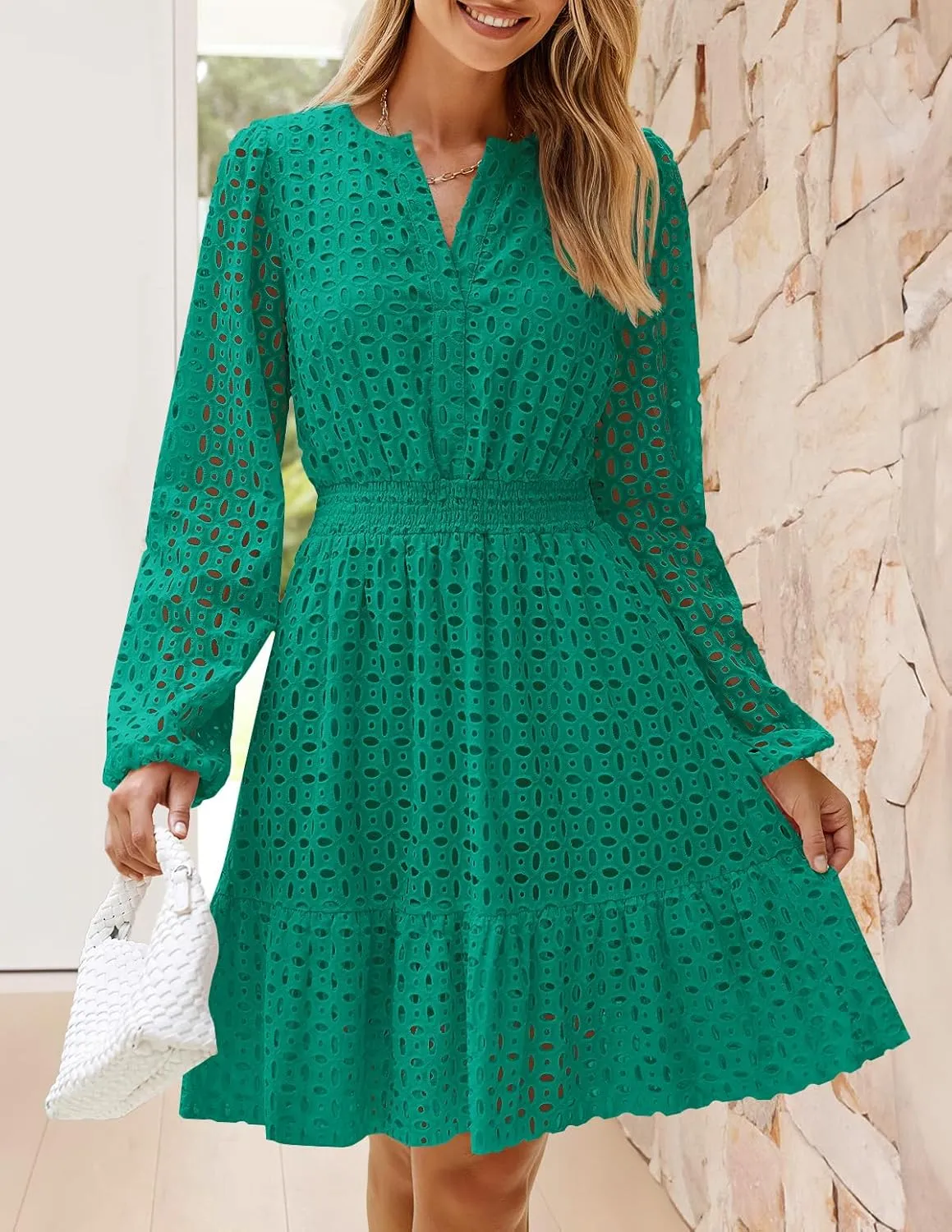 ZESICA Women's 2025 Long Sleeve Mini Dress Spring V Neck Hollow Out Eyelet Embroidery Ruffle A Line Swing Short Dresses