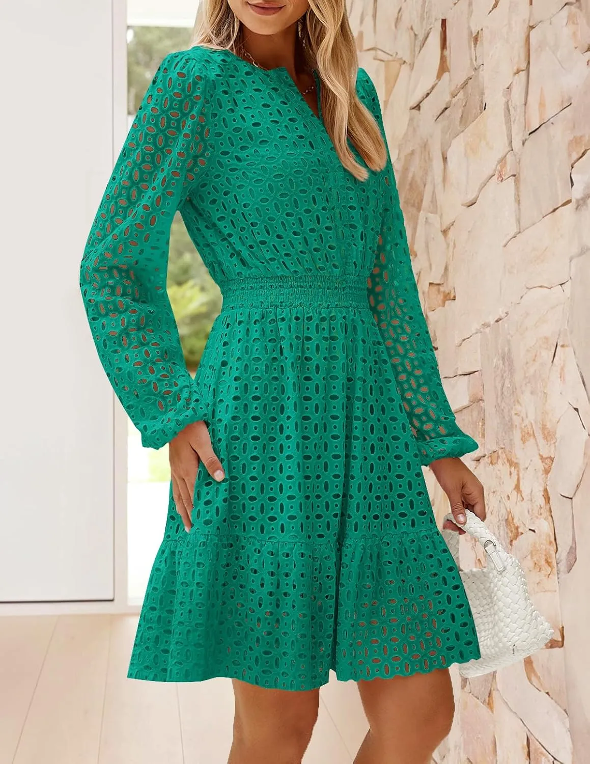 ZESICA Women's 2025 Long Sleeve Mini Dress Spring V Neck Hollow Out Eyelet Embroidery Ruffle A Line Swing Short Dresses
