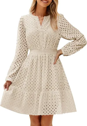 ZESICA Women's 2025 Long Sleeve Mini Dress Spring V Neck Hollow Out Eyelet Embroidery Ruffle A Line Swing Short Dresses