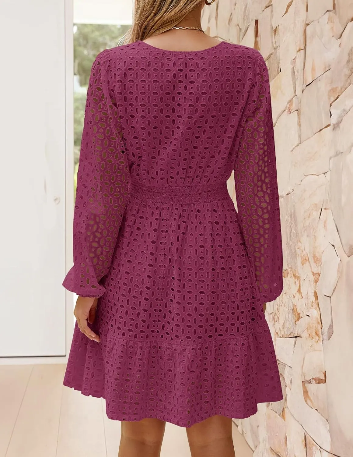 ZESICA Women's 2025 Long Sleeve Mini Dress Spring V Neck Hollow Out Eyelet Embroidery Ruffle A Line Swing Short Dresses