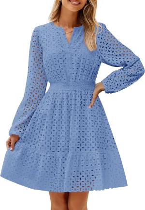 ZESICA Women's 2025 Long Sleeve Mini Dress Spring V Neck Hollow Out Eyelet Embroidery Ruffle A Line Swing Short Dresses