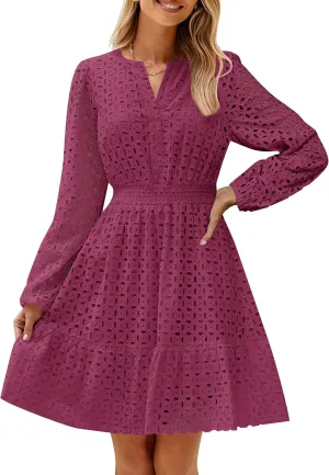 ZESICA Women's 2025 Long Sleeve Mini Dress Spring V Neck Hollow Out Eyelet Embroidery Ruffle A Line Swing Short Dresses