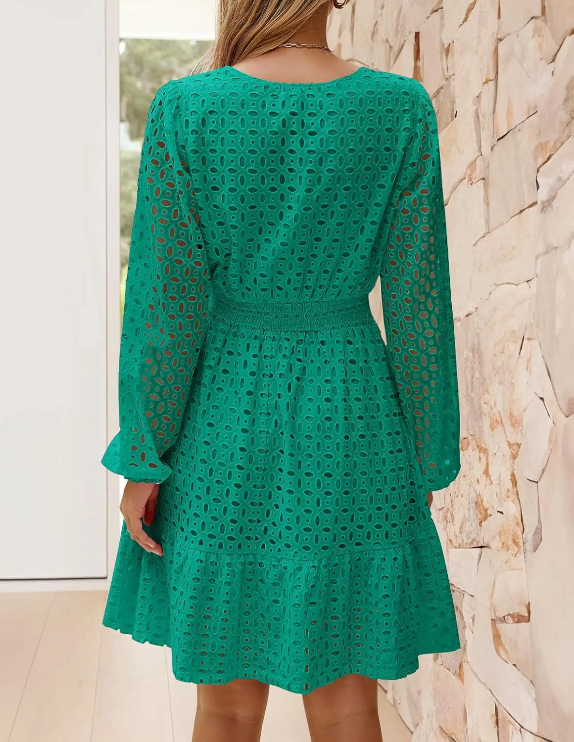 ZESICA Women's 2025 Long Sleeve Mini Dress Spring V Neck Hollow Out Eyelet Embroidery Ruffle A Line Swing Short Dresses