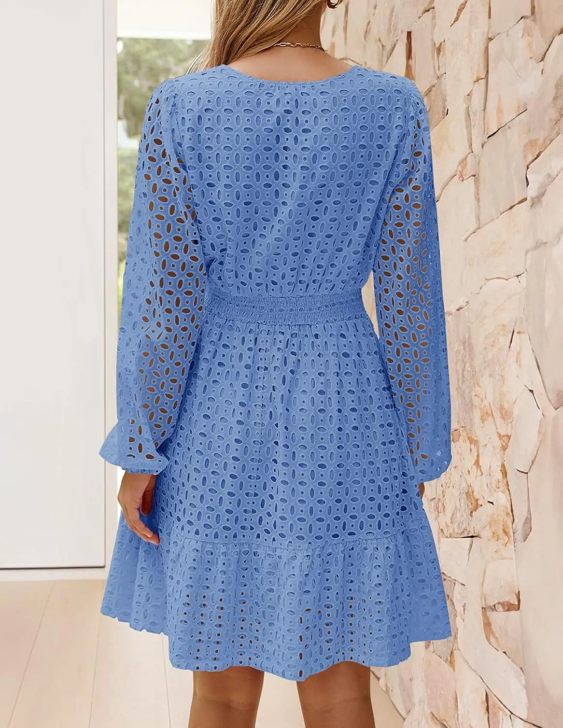 ZESICA Women's 2025 Long Sleeve Mini Dress Spring V Neck Hollow Out Eyelet Embroidery Ruffle A Line Swing Short Dresses