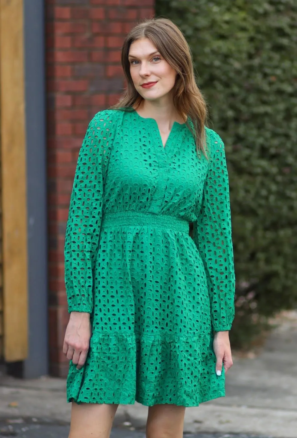 ZESICA Women's 2025 Long Sleeve Mini Dress Spring V Neck Hollow Out Eyelet Embroidery Ruffle A Line Swing Short Dresses