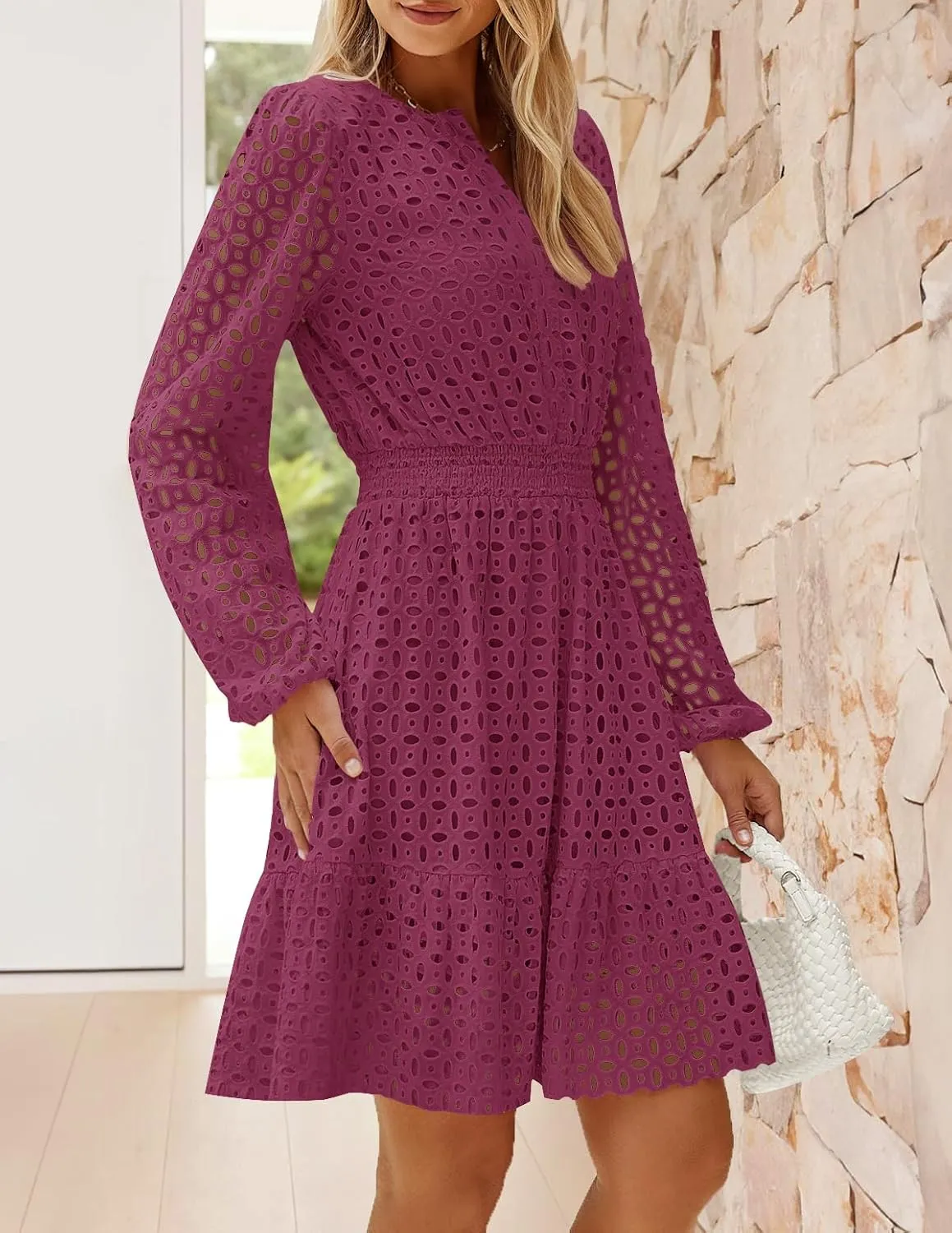 ZESICA Women's 2025 Long Sleeve Mini Dress Spring V Neck Hollow Out Eyelet Embroidery Ruffle A Line Swing Short Dresses
