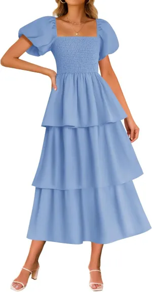 ZESICA Women's 2025 Summer Boho Midi Dress Short Puff Sleeve Flowy A Line Tiered Beach Vacation Long Dresses
