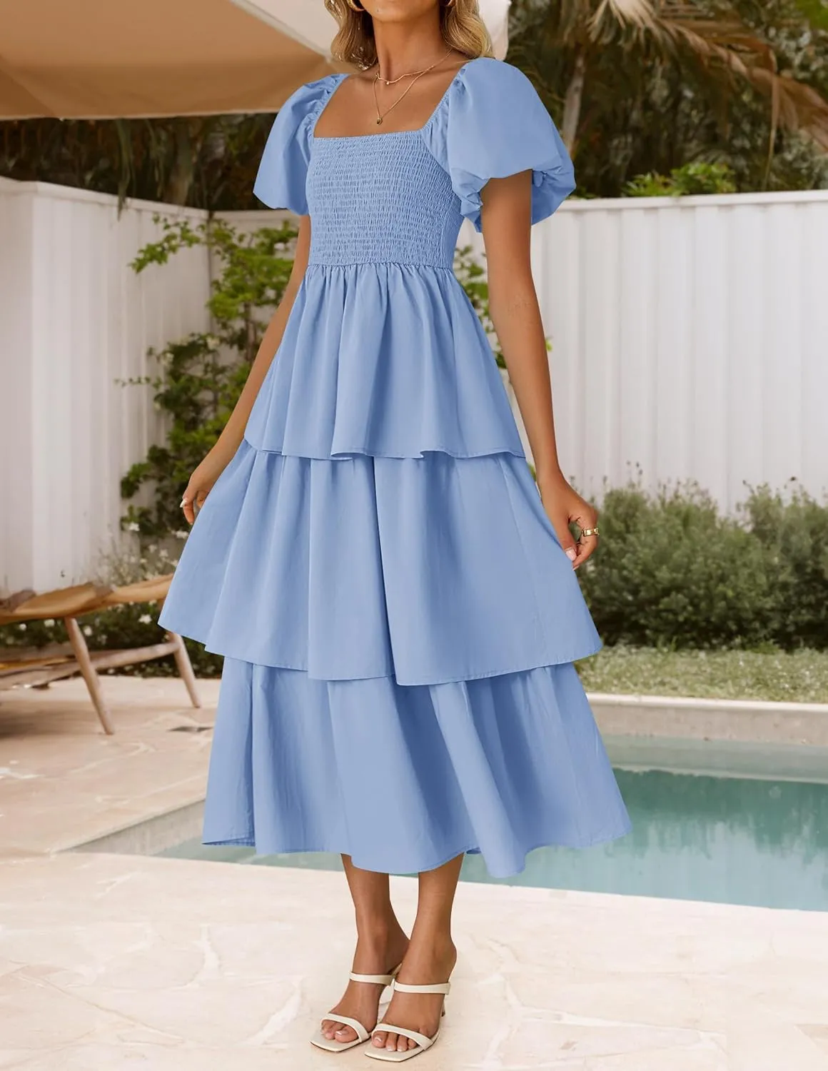 ZESICA Women's 2025 Summer Boho Midi Dress Short Puff Sleeve Flowy A Line Tiered Beach Vacation Long Dresses
