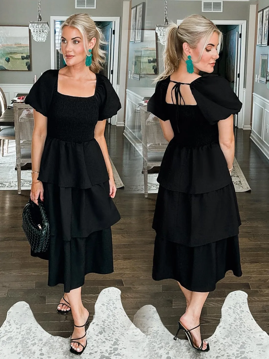ZESICA Women's 2025 Summer Boho Midi Dress Short Puff Sleeve Flowy A Line Tiered Beach Vacation Long Dresses