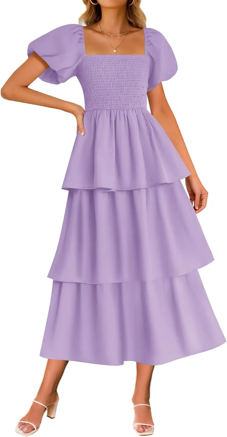 ZESICA Women's 2025 Summer Boho Midi Dress Short Puff Sleeve Flowy A Line Tiered Beach Vacation Long Dresses