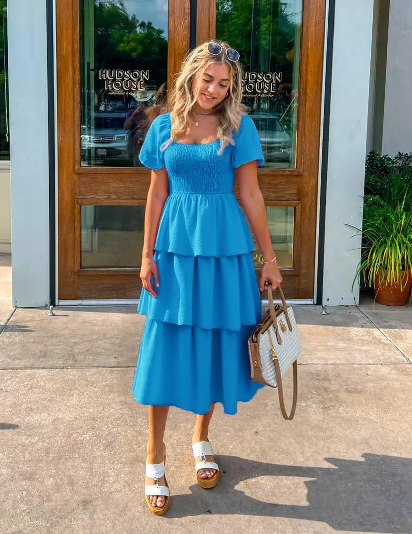 ZESICA Women's 2025 Summer Boho Midi Dress Short Puff Sleeve Flowy A Line Tiered Beach Vacation Long Dresses