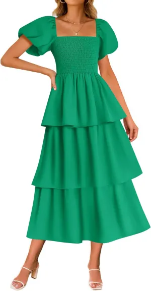 ZESICA Women's 2025 Summer Boho Midi Dress Short Puff Sleeve Flowy A Line Tiered Beach Vacation Long Dresses