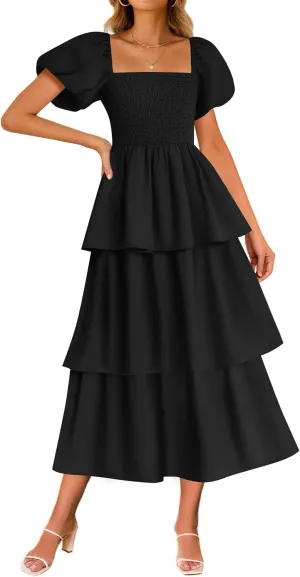 ZESICA Women's 2025 Summer Boho Midi Dress Short Puff Sleeve Flowy A Line Tiered Beach Vacation Long Dresses