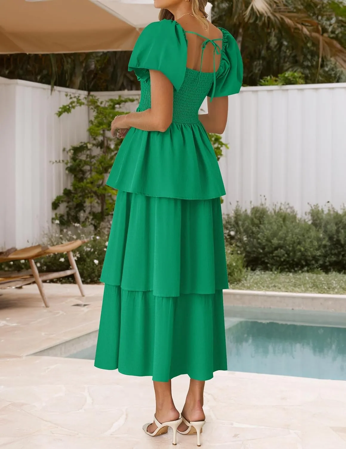 ZESICA Women's 2025 Summer Boho Midi Dress Short Puff Sleeve Flowy A Line Tiered Beach Vacation Long Dresses