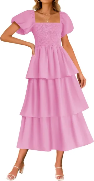 ZESICA Women's 2025 Summer Boho Midi Dress Short Puff Sleeve Flowy A Line Tiered Beach Vacation Long Dresses