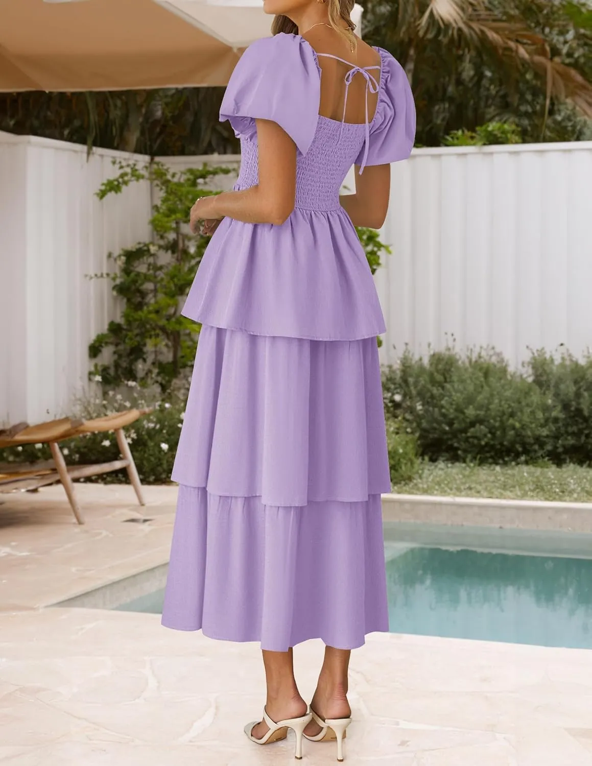 ZESICA Women's 2025 Summer Boho Midi Dress Short Puff Sleeve Flowy A Line Tiered Beach Vacation Long Dresses