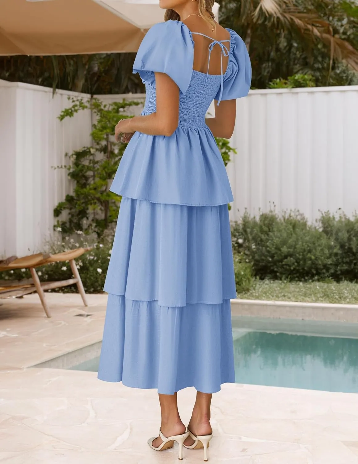 ZESICA Women's 2025 Summer Boho Midi Dress Short Puff Sleeve Flowy A Line Tiered Beach Vacation Long Dresses