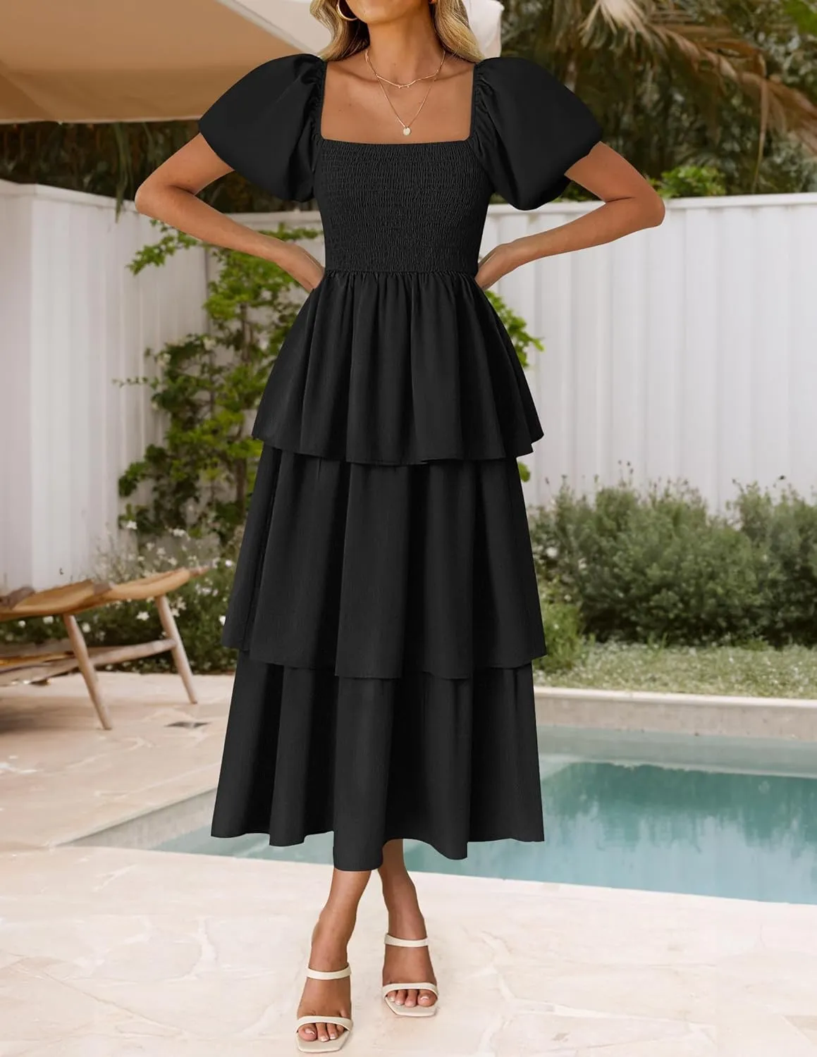 ZESICA Women's 2025 Summer Boho Midi Dress Short Puff Sleeve Flowy A Line Tiered Beach Vacation Long Dresses