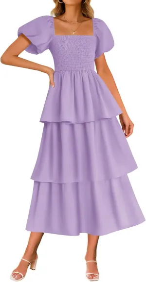 ZESICA Women's 2025 Summer Boho Midi Dress Short Puff Sleeve Flowy A Line Tiered Beach Vacation Long Dresses