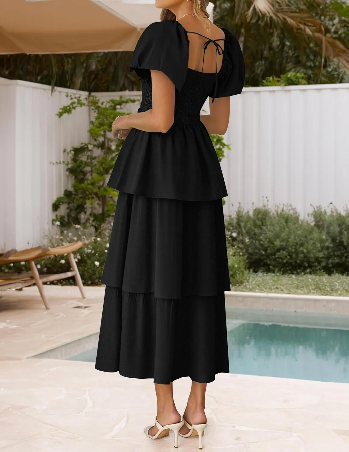 ZESICA Women's 2025 Summer Boho Midi Dress Short Puff Sleeve Flowy A Line Tiered Beach Vacation Long Dresses