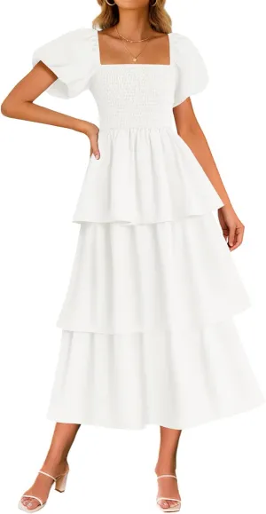 ZESICA Women's 2025 Summer Boho Midi Dress Short Puff Sleeve Flowy A Line Tiered Beach Vacation Long Dresses