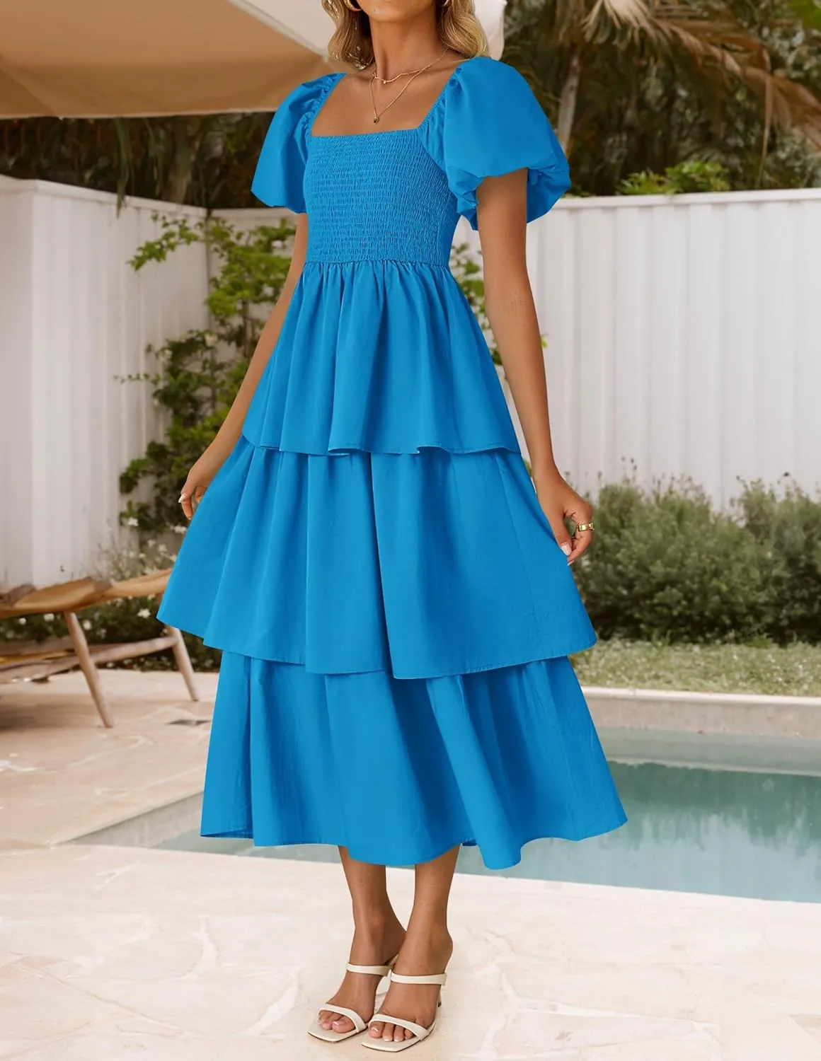 ZESICA Women's 2025 Summer Boho Midi Dress Short Puff Sleeve Flowy A Line Tiered Beach Vacation Long Dresses