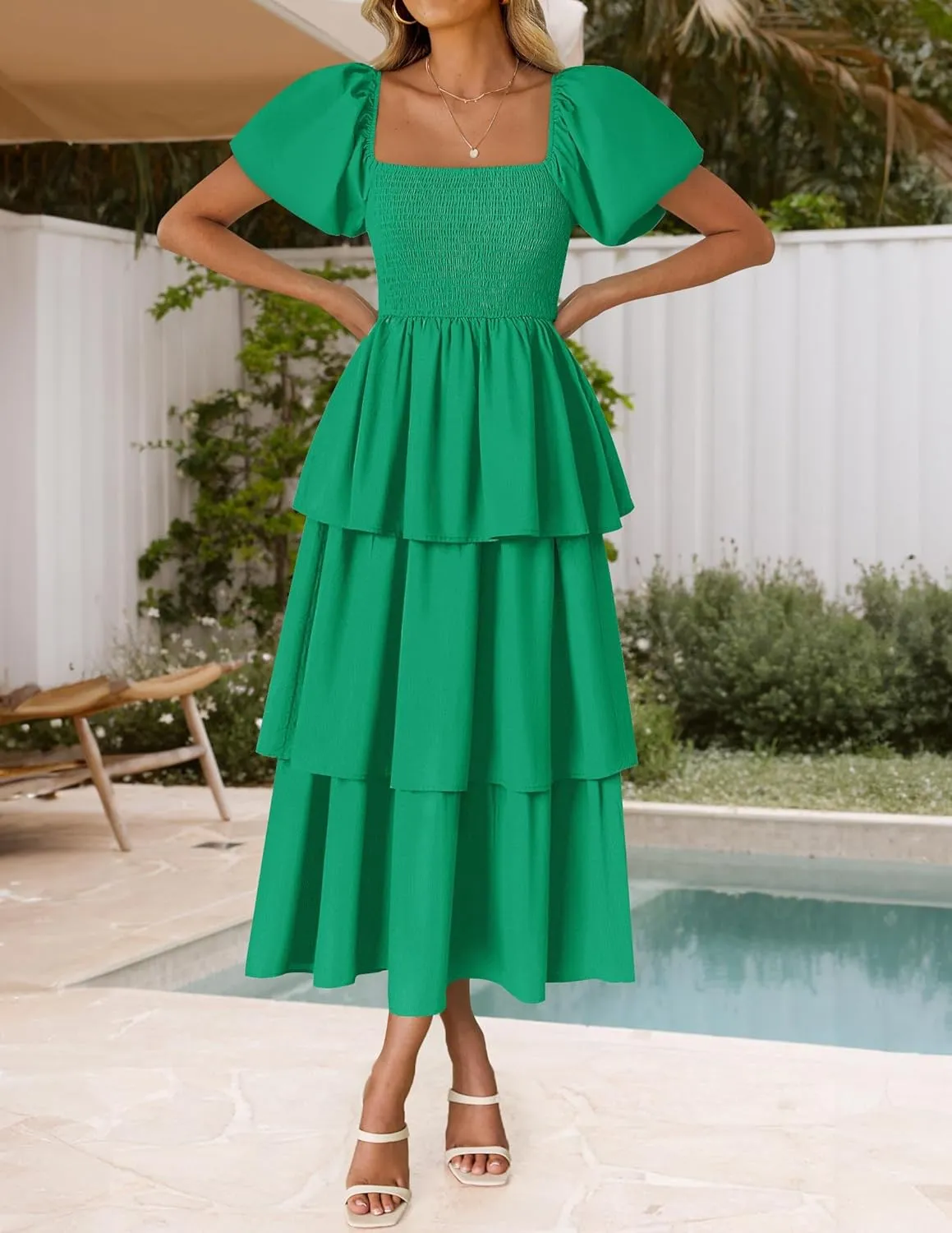 ZESICA Women's 2025 Summer Boho Midi Dress Short Puff Sleeve Flowy A Line Tiered Beach Vacation Long Dresses
