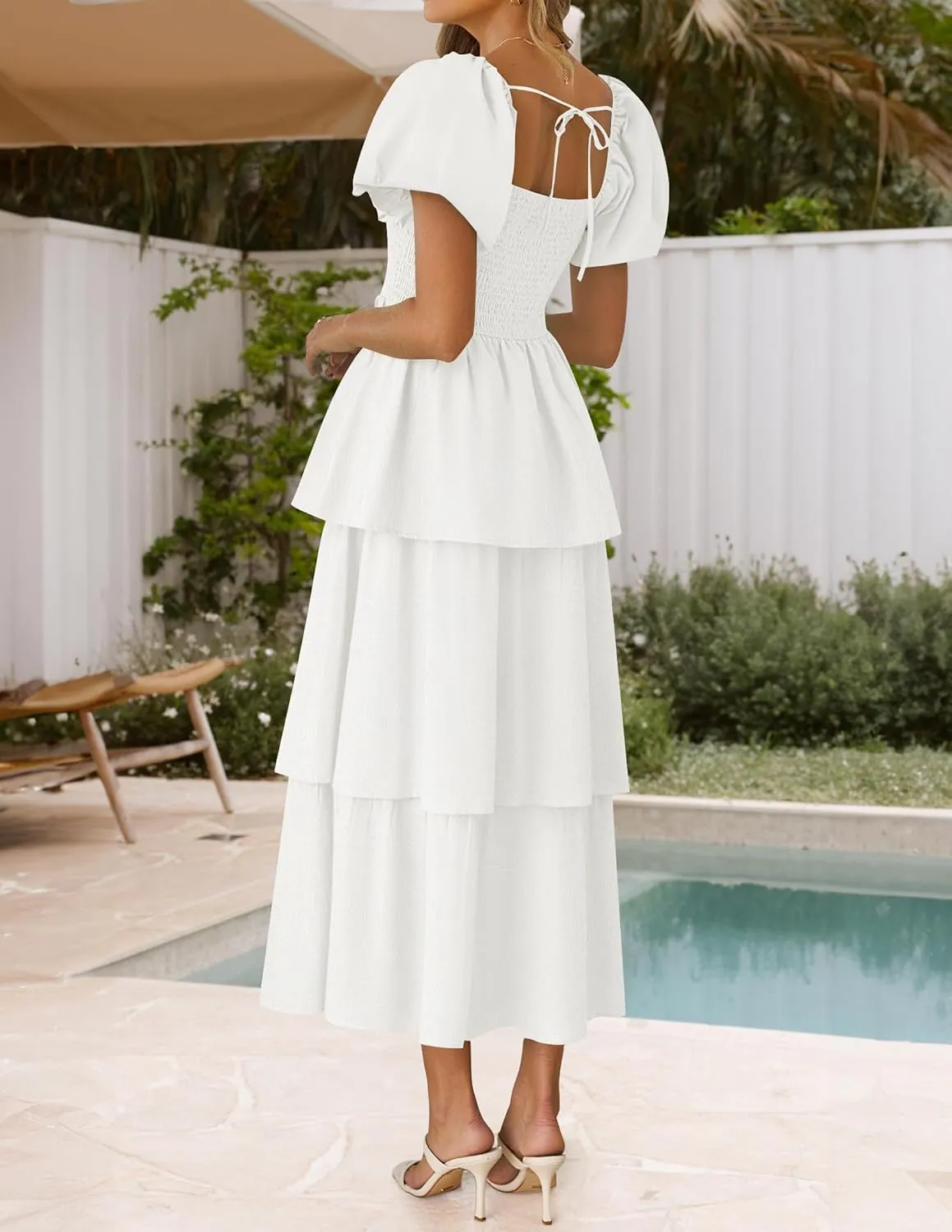 ZESICA Women's 2025 Summer Boho Midi Dress Short Puff Sleeve Flowy A Line Tiered Beach Vacation Long Dresses